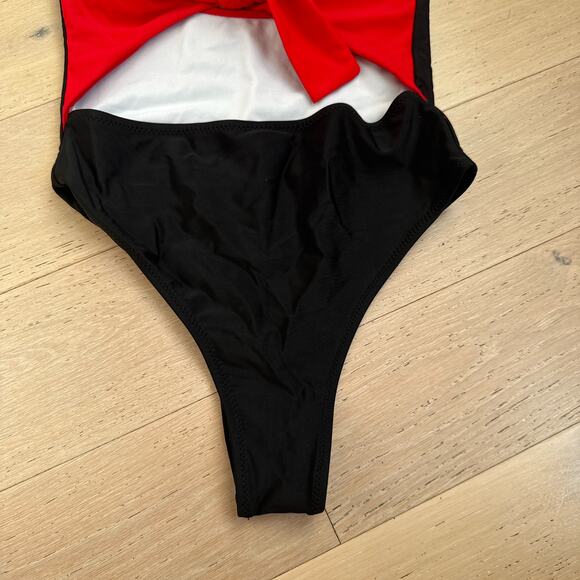 QEARAL Red Tie Front Bikini Top Black High-Waist Thong One Piece Swim | Small - Picture 5 of 7